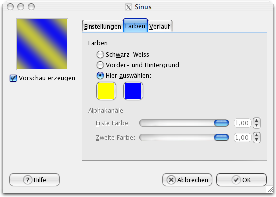 Eigenschaften (Farben) für das Filter Sinus